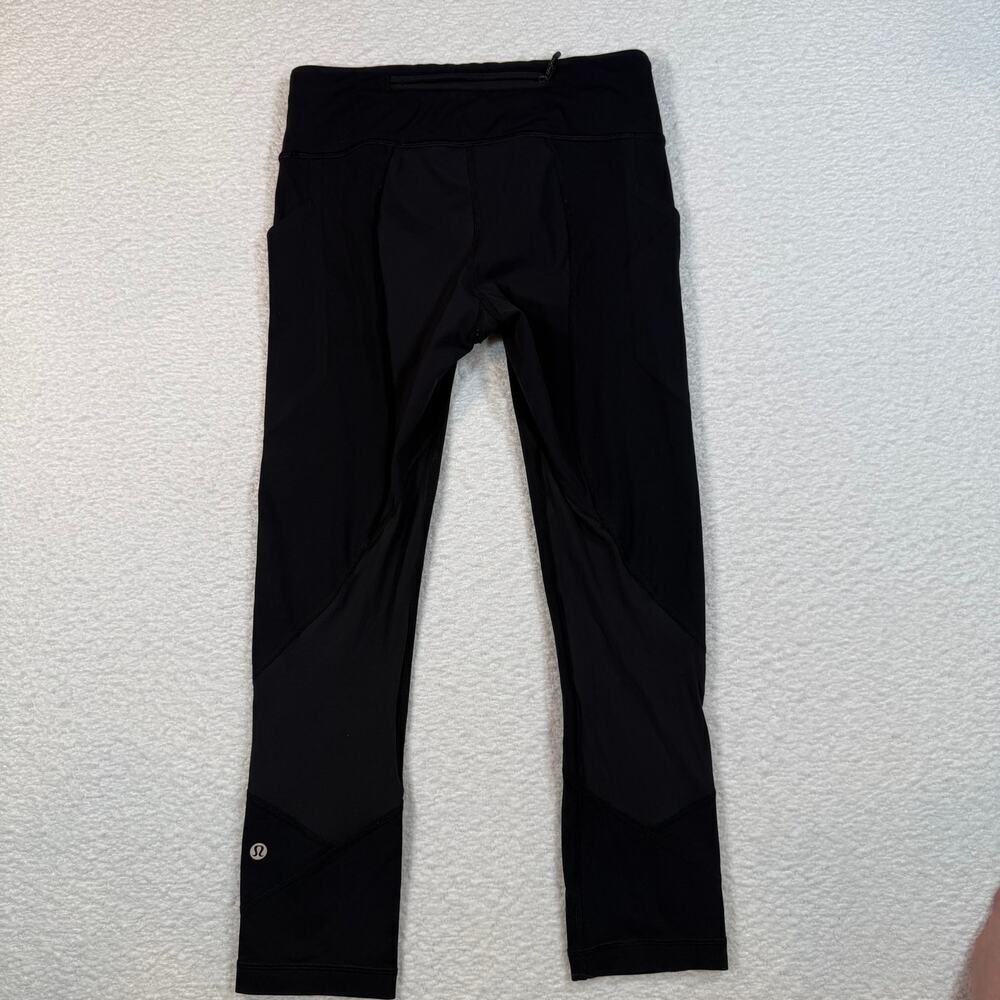 Lululemon Crop Leggings Run Inspire II Pocket Solid Black Mesh Panel Womens Sz 4 - Picture 7 of 9